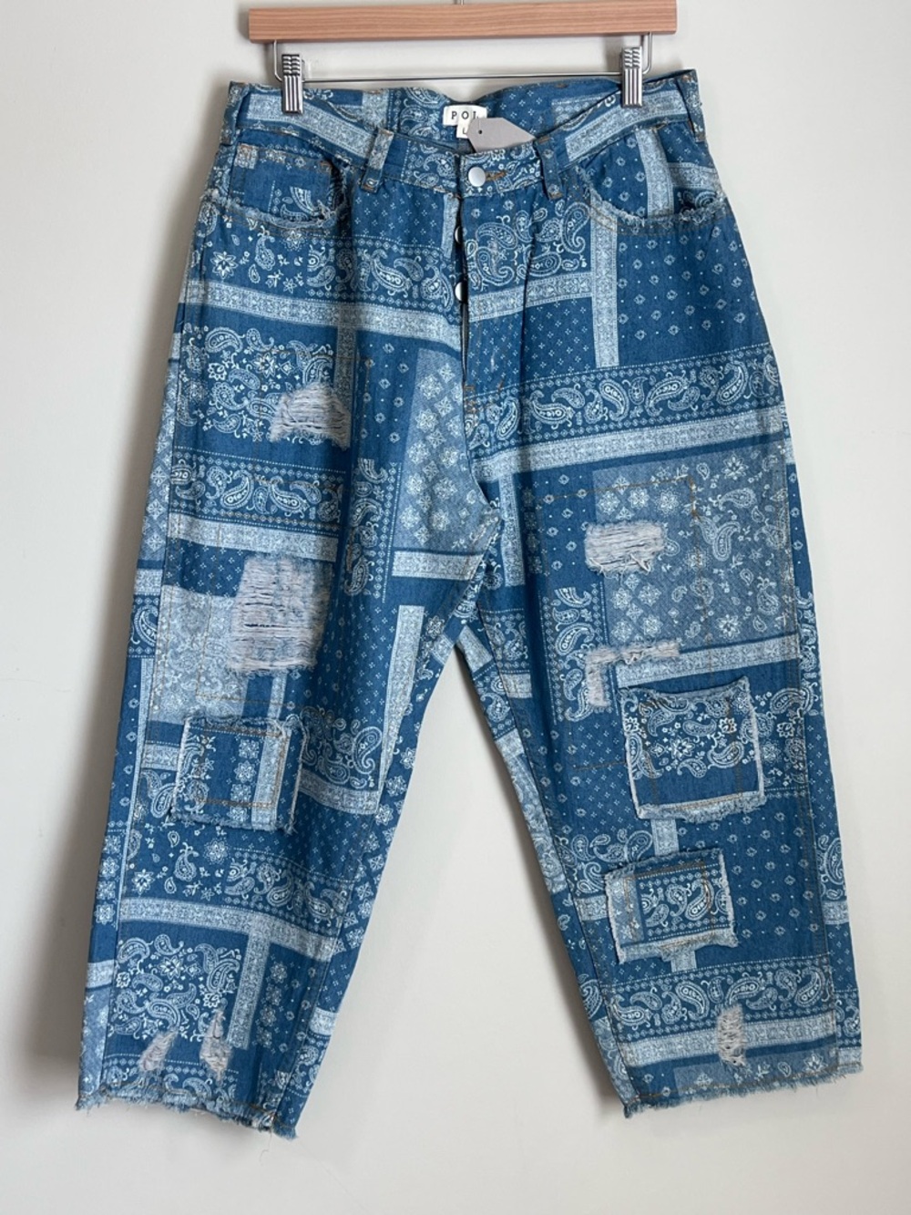 New POL Patchwork Barrel Denim Pants Paisley Sz Large
